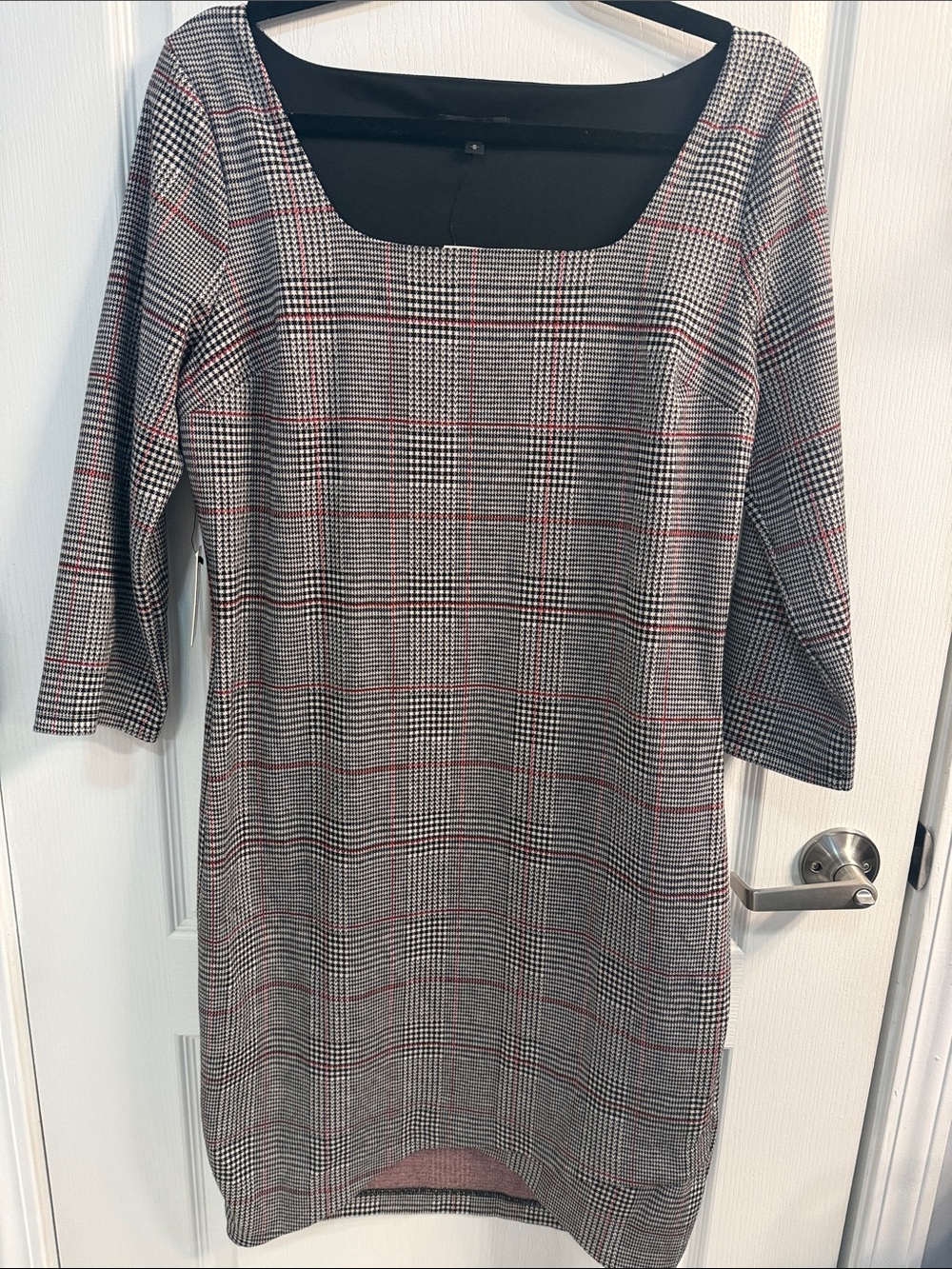 Express Plaid Midi Sheath Dress in Black, Gray and Red Trim